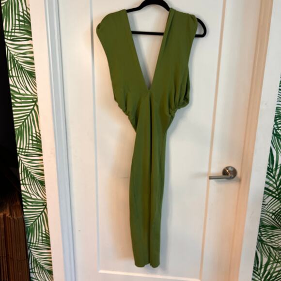 Zara Olive Green Plunging Sleeveless Bodycon Dress Size Small - Picture 2 of 7